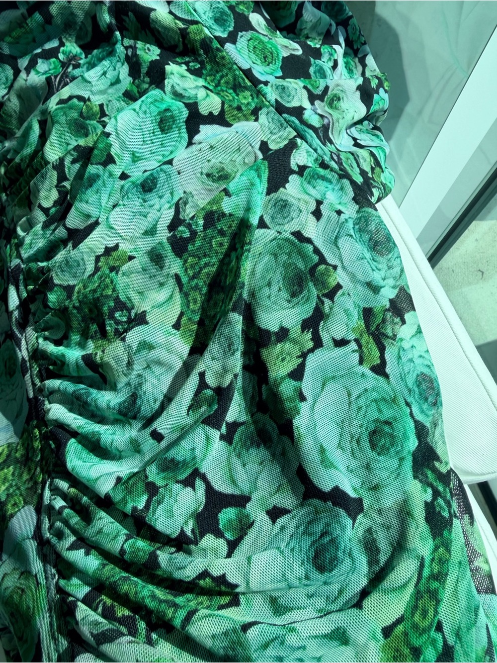 Ganni Green Floral Ruched Midi Dress with Puff Sleeves